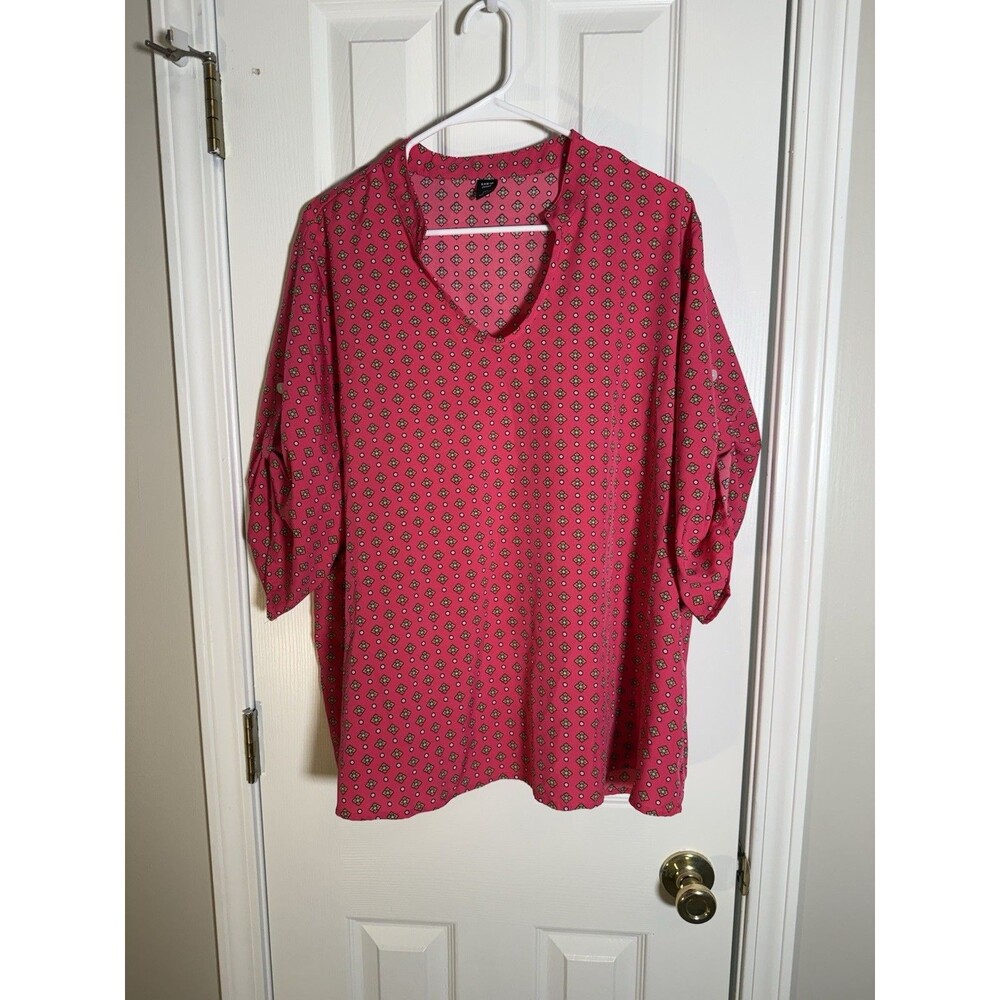 Shein Curve Pink Geometric Print V-Neck Roll Tab Sleeve Blouse Top Plus Size 2XL